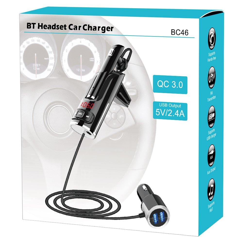 BT 5.0 Handsfree Car Kit Wireless Earphone Car MP3 Audio Player with 3.5mm Jack Port QC3.0 Fast Charger FM Transmitter
