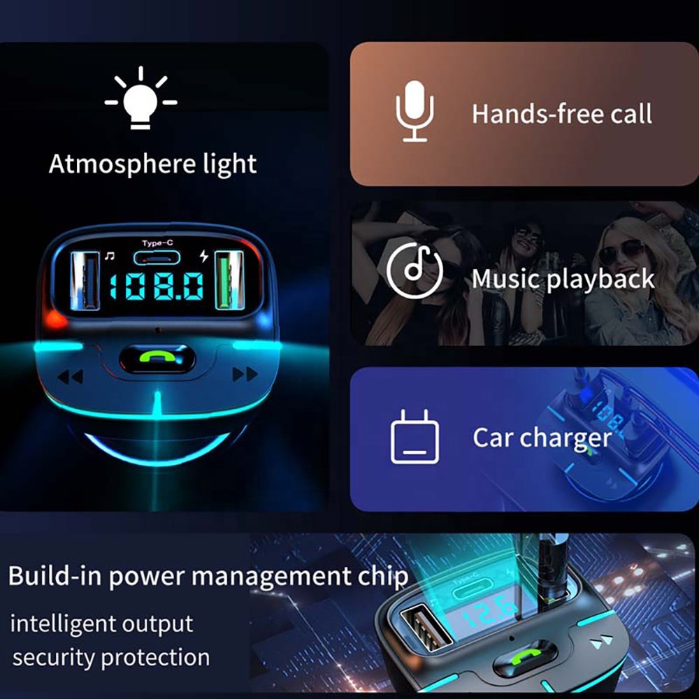 Bluetooth Car MP3 Player Dual USB C Type C Fast Car Charger Audio Handsfree Kit Wireless Fm Transmitter Modulator for Car