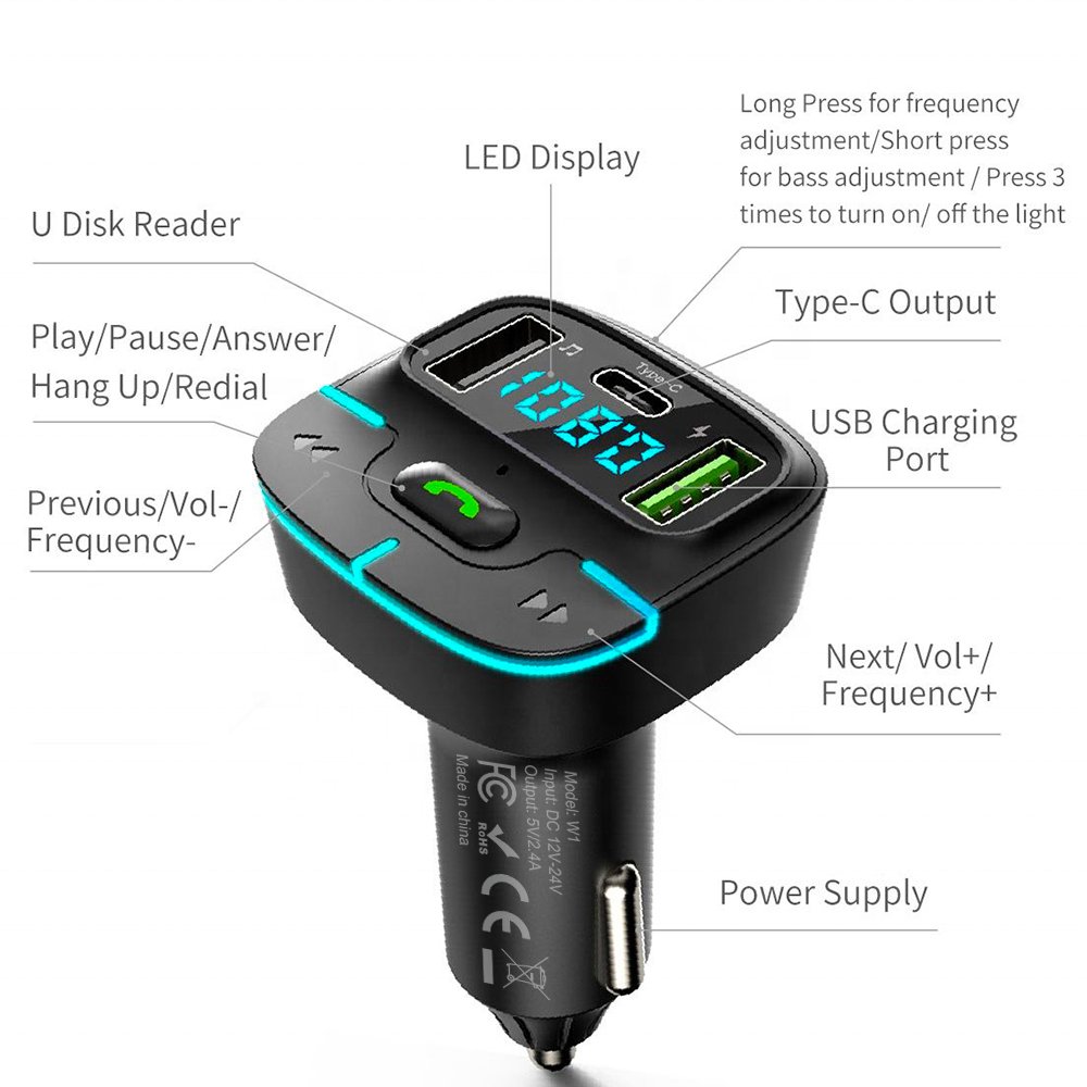Bluetooth Car MP3 Player Dual USB C Type C Fast Car Charger Audio Handsfree Kit Wireless Fm Transmitter Modulator for Car