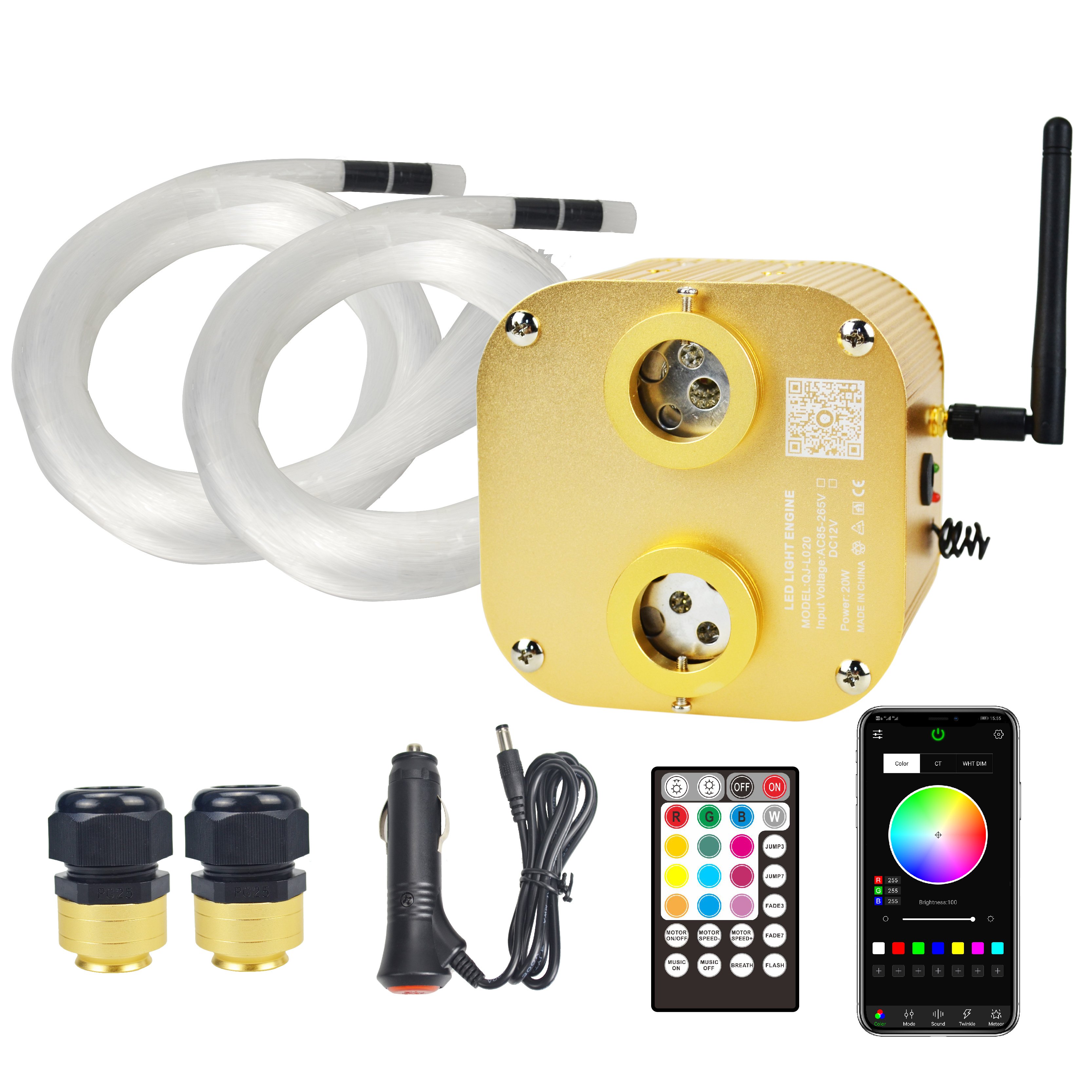 20W RGBW Dual-port Twinkle Fiber Optic Car Starry Sky Ceiling LED Light Engine Driver Controlled by Phone APP and Remote Control