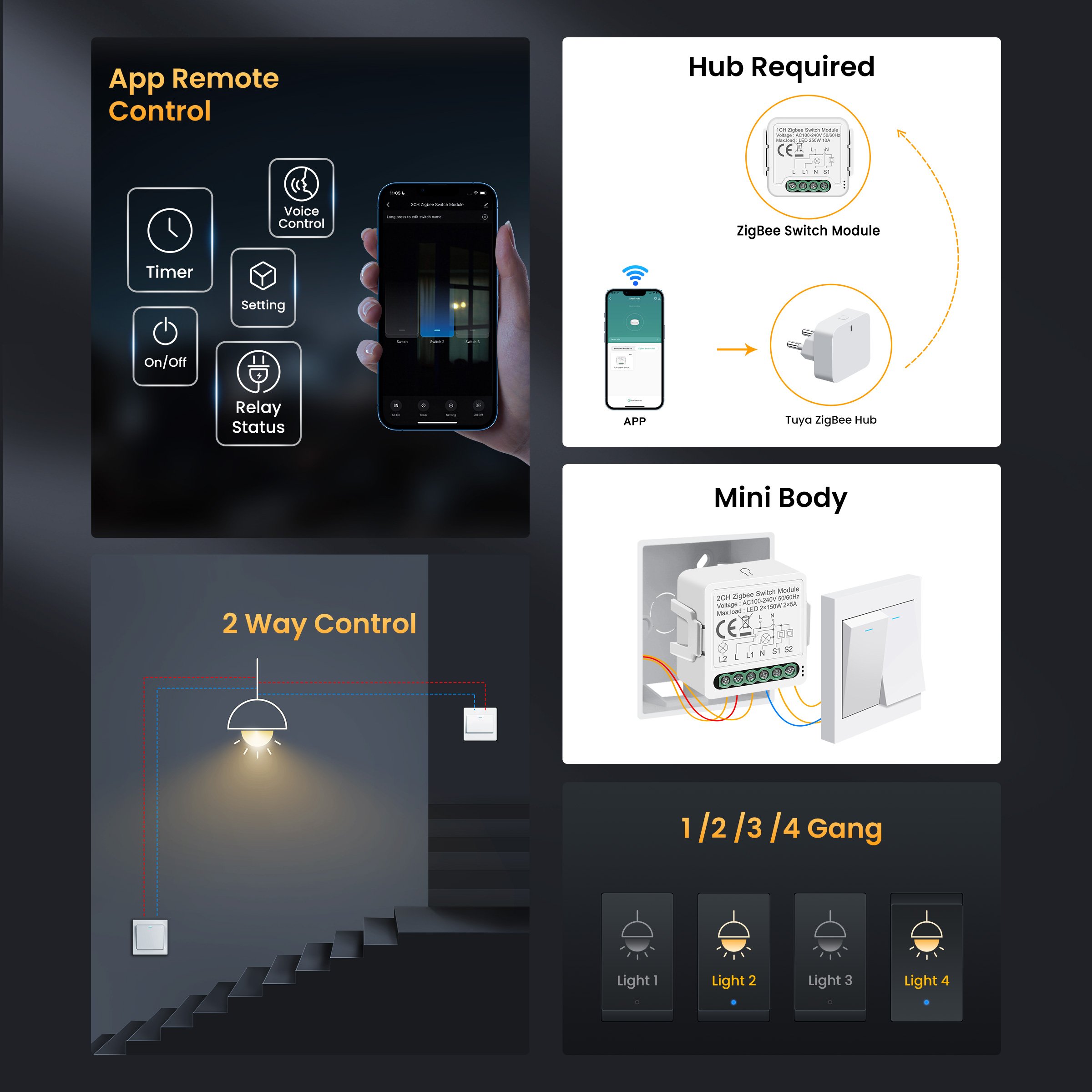 GIRIER ZigBee Light Switch Module Smart Home Automation Relay 1 2 3 4 Gang 100-240V Neutral Wire Required Works With Alexa
