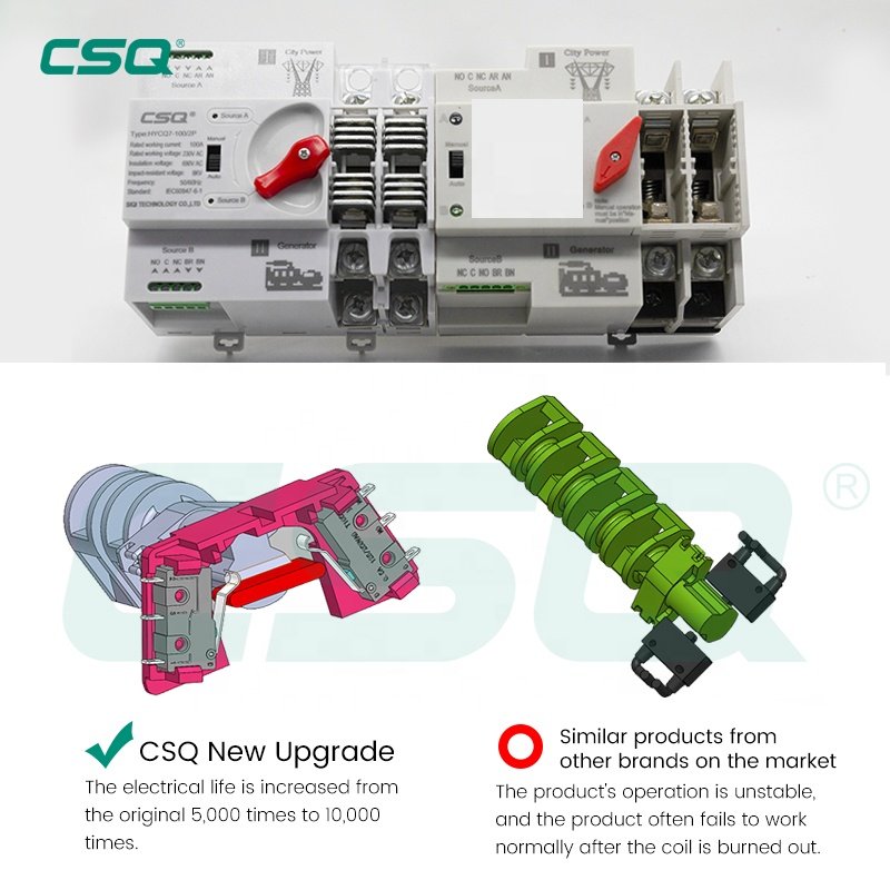 CSQ Ats Transfer Switch Automatic 2 Poles 2P 63 Amp Automatic Transfer Switch 4p 100 Amps for Solar 5.5Kw Diesel Generator