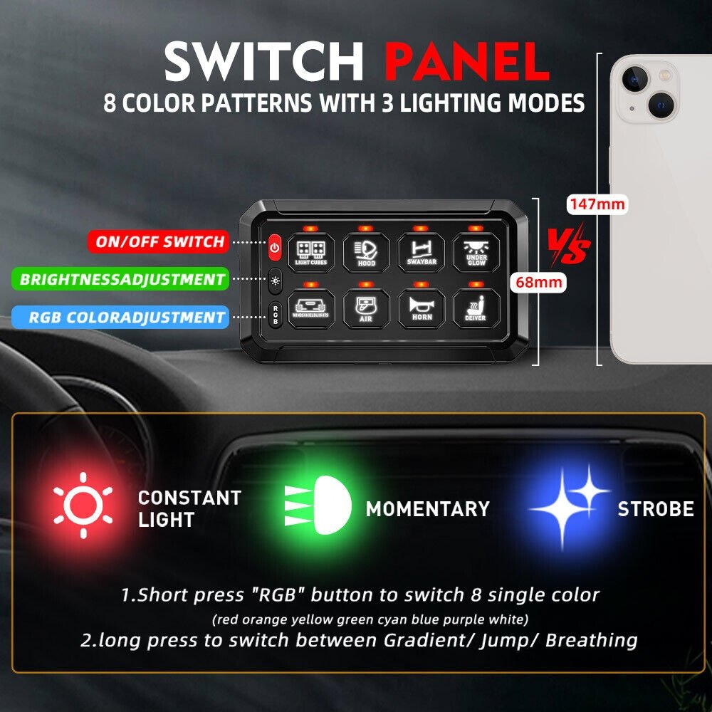 8 Touch Switch Panel With RGB LED Switch BOX System 12/24V for Truck Offroad Rocker Boat Marine