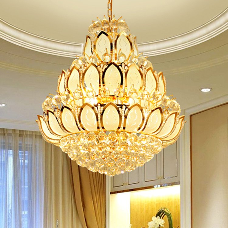 Golden Lotus Crystal Hall Living Room Lamp Duplex Building Villa Hall Led Chandelier Buddha Hall Temple Large Chandelier