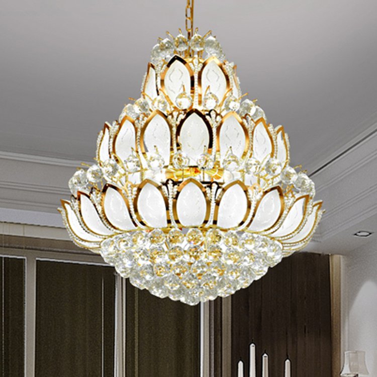 Golden Lotus Crystal Hall Living Room Lamp Duplex Building Villa Hall Led Chandelier Buddha Hall Temple Large Chandelier