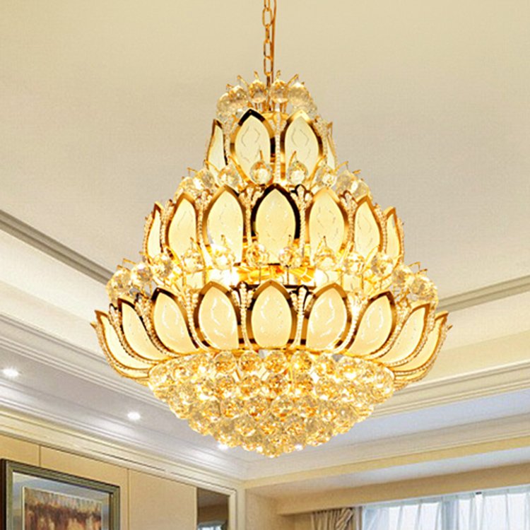 Golden Lotus Crystal Hall Living Room Lamp Duplex Building Villa Hall Led Chandelier Buddha Hall Temple Large Chandelier