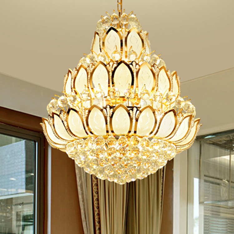 Golden Lotus Crystal Hall Living Room Lamp Duplex Building Villa Hall Led Chandelier Buddha Hall Temple Large Chandelier