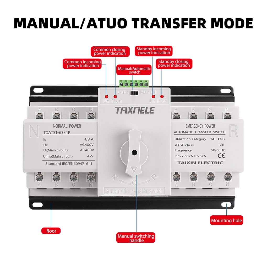 4P 63A 220V MCB Type White Color Dual Power Automatic Transfer Switch ATS Rated Frequency 50/60Hz Manual/Auto Changeover Switch