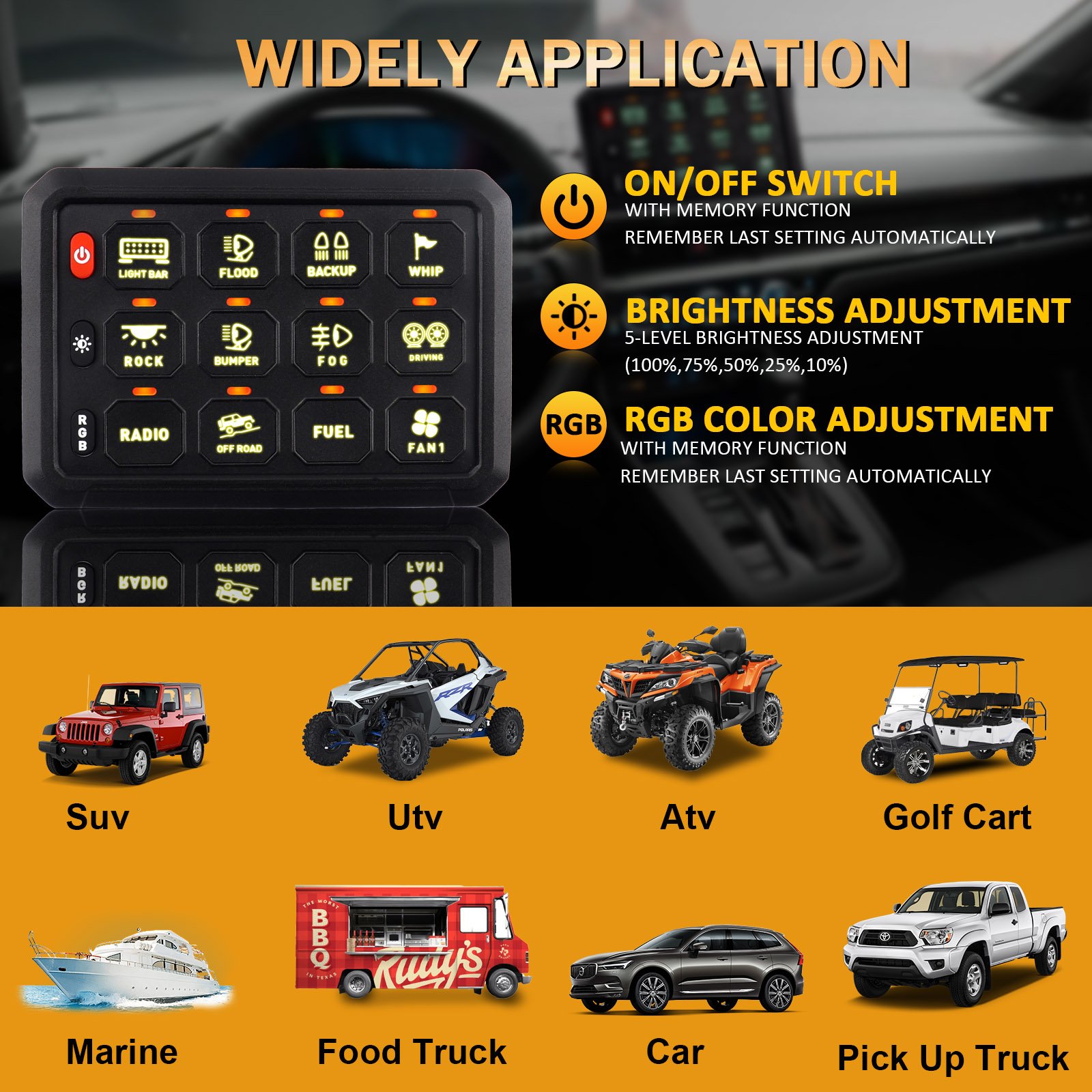 RGB Switch Panel 8 Gang Auxiliary Switch, Toggle Momentary Pulsed Multifunction Switch for Jeep SUV