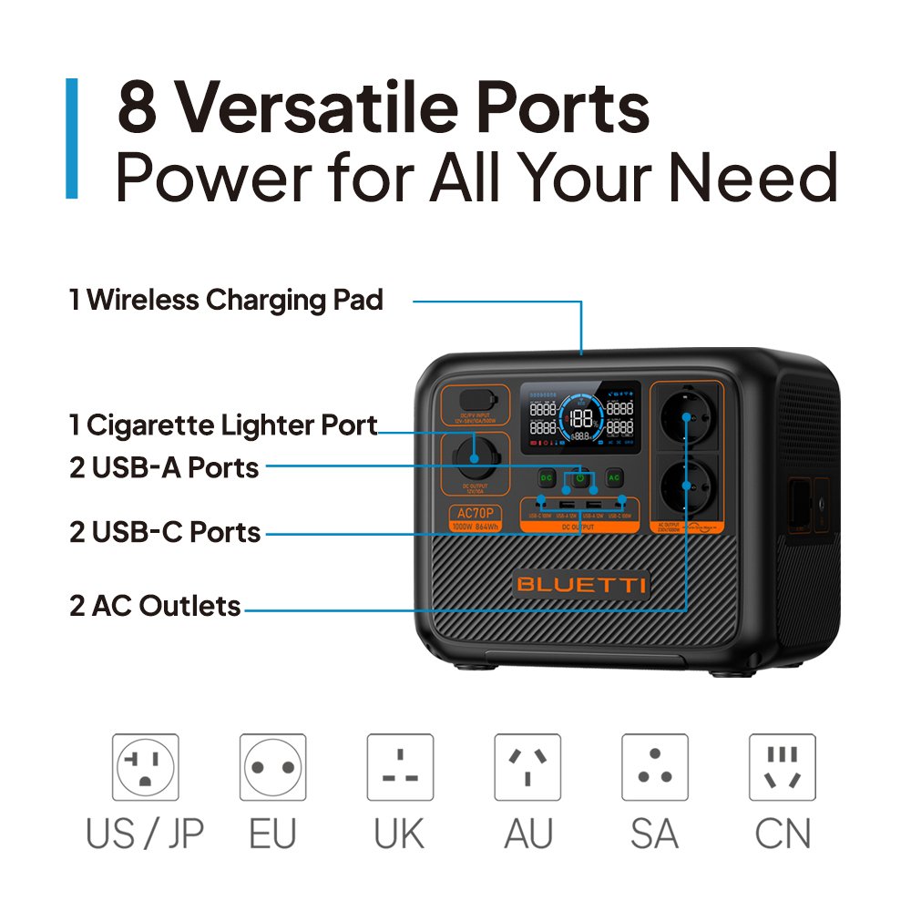 Bluetti AC70P Portable Power Station 1000W 864Wh Lithium Ion Battery Quick Charge MPPT Convenient for Home Car Solar Panel Use
