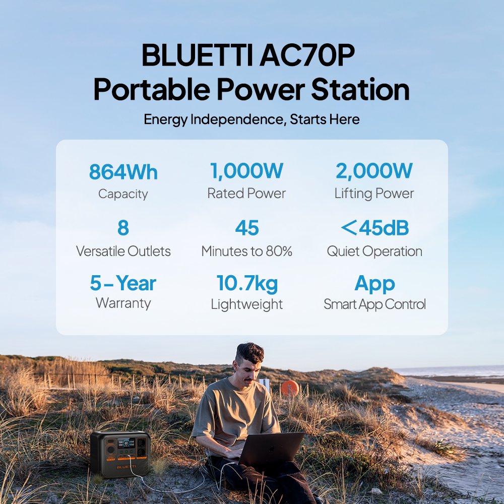 Bluetti AC70P Portable Power Station 1000W 864Wh Lithium Ion Battery Quick Charge MPPT Convenient for Home Car Solar Panel Use