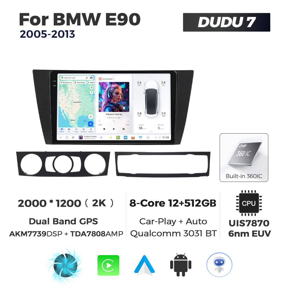 Navifly DUDU 7 Car Frame Kit&Android Head Rest Headunit Multimedia Navigation Reversing Aid 3 Window for BM02 BMW E90 2005-2013