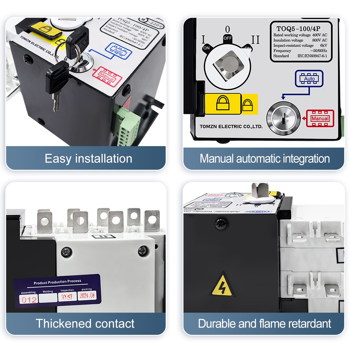 TOMZN 4P 100A ATS PC Class Automatic Transfer Switch Electrical Selector Switches AC 400V Auto or Manual 2 Input 1 Output
