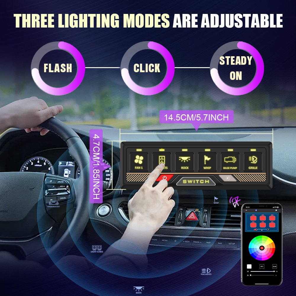 Manufacturer 6 Gang Switch Panel with APP Control UTV ATV Universal Automotive Parts Waterproof Aluminum Bluetooth Remote