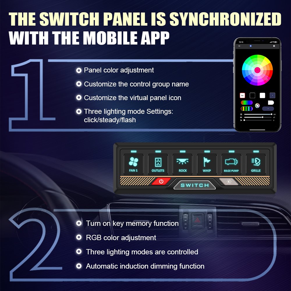 Manufacturer 6 Gang Switch Panel with APP Control UTV ATV Universal Automotive Parts Waterproof Aluminum Bluetooth Remote