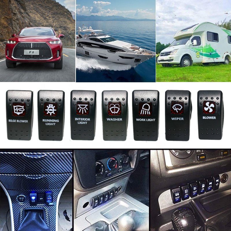 Marine Waterproof Laser Etched 24V 20A On/Off SPST 5 PIN Two LED Light Bar Illuminated Carling Bus Rocker Switches for Auto