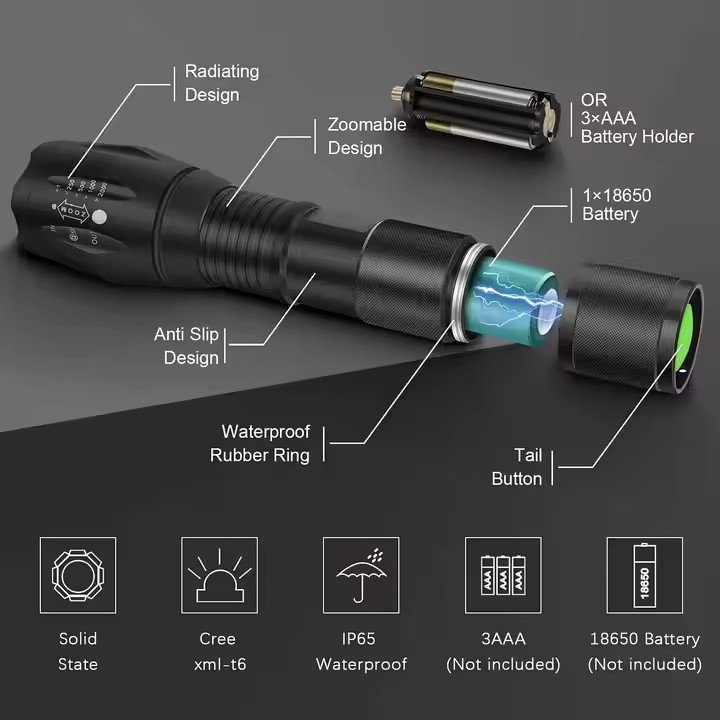Long Range for Outdoor Camping 1200 Lumen XML T6 Waterproof LED Portable Zoomable Flashlight
