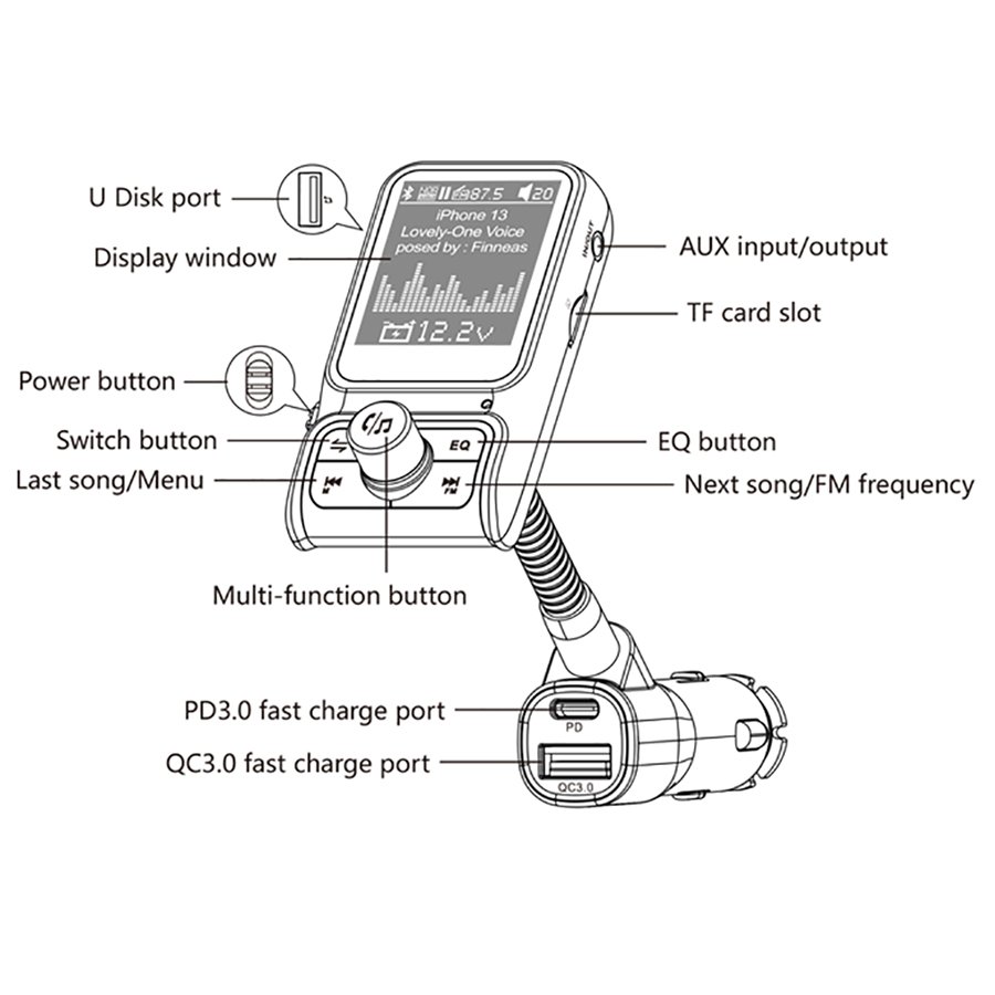 Smart Bluetooth Car Charger PD3.0 QC3.0 EQ Sound FM Transmitter With AUX Colorful Display Windows Car Kit BC85