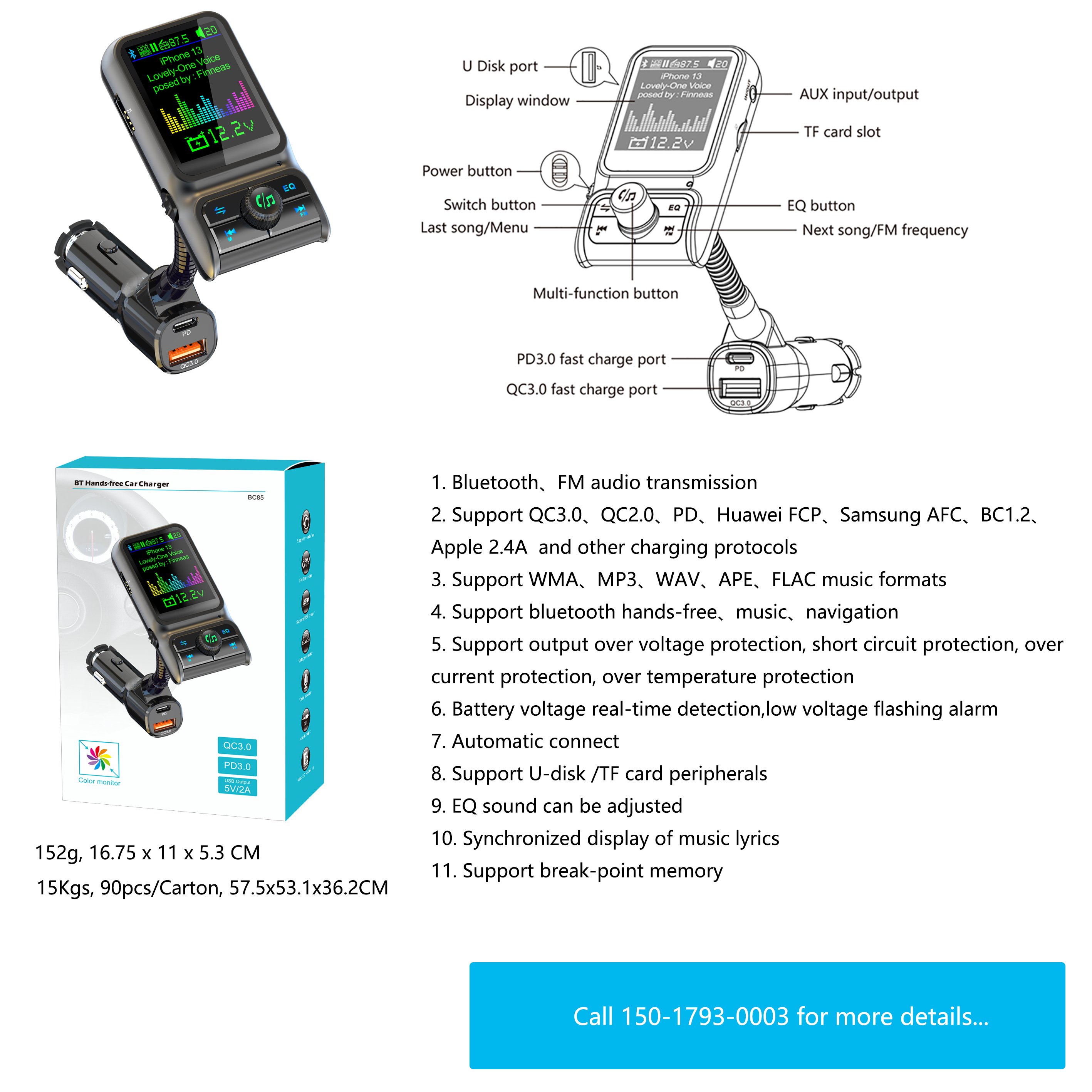 Smart Bluetooth Car Charger PD3.0 QC3.0 EQ Sound FM Transmitter With AUX Colorful Display Windows Car Kit BC85