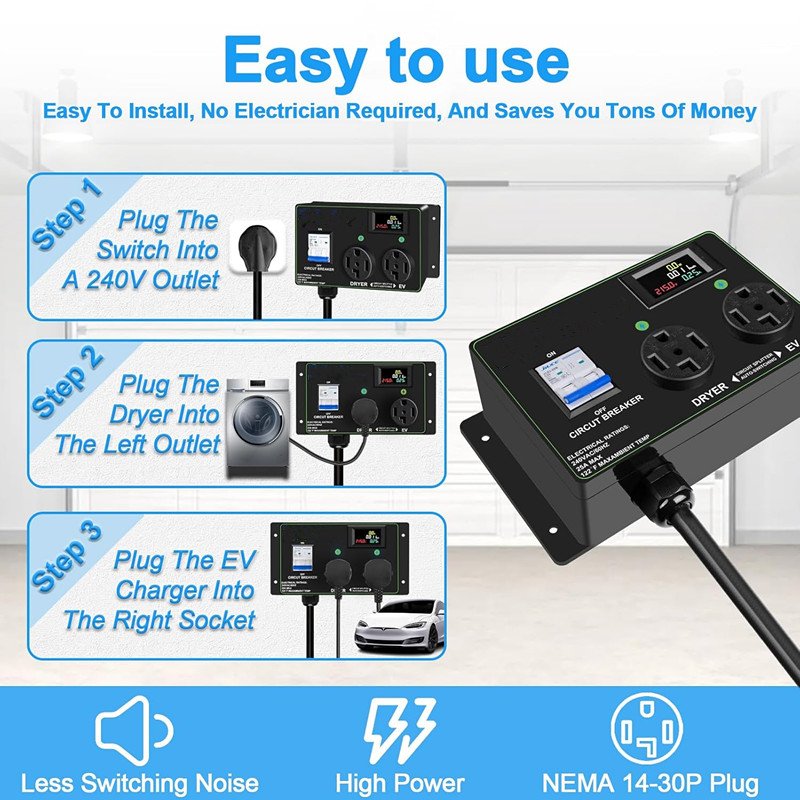 NEMA 14-30 240V 24 Amp Splitter Switch Dryer EV Splitter NEMA 14-30P to 14-30R Auto Switch for Dryer & EV