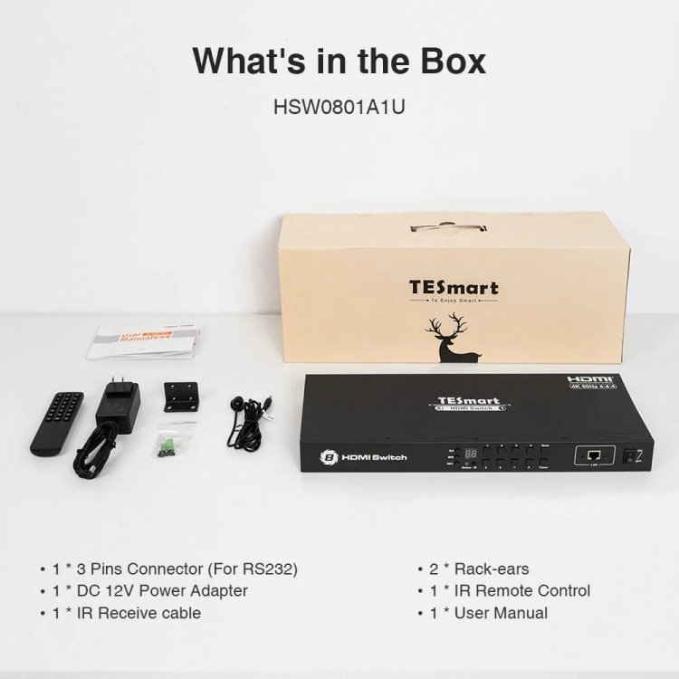 TESmart 8X1 HDMI Switch 8 in 1 Out 4K@60Hz HDCP with RS232 LAN Control IR Remote Auto Video Switcher