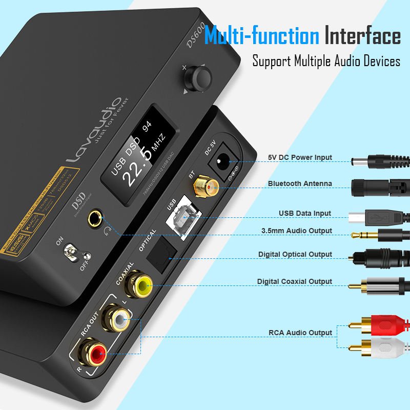 Lavaudio DS600 Audiophile Audio DAC HiFi Bluetooth 5.0 Receiver with Dual ES9038Q2M XMOS DSD512 768Khz/32Bit for PC Headphone