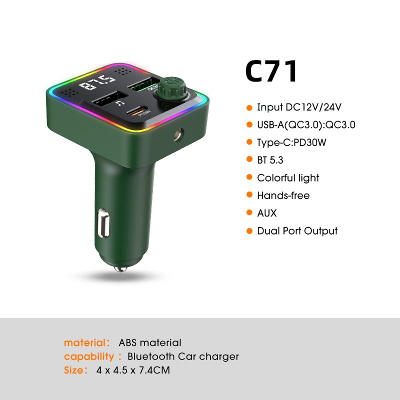C71 Wireless Car Kit Bluetooth MP3 FM Transmitter PD30W QC3.0 USB Car Charger with Ambient Lighting and Hands-Free Function