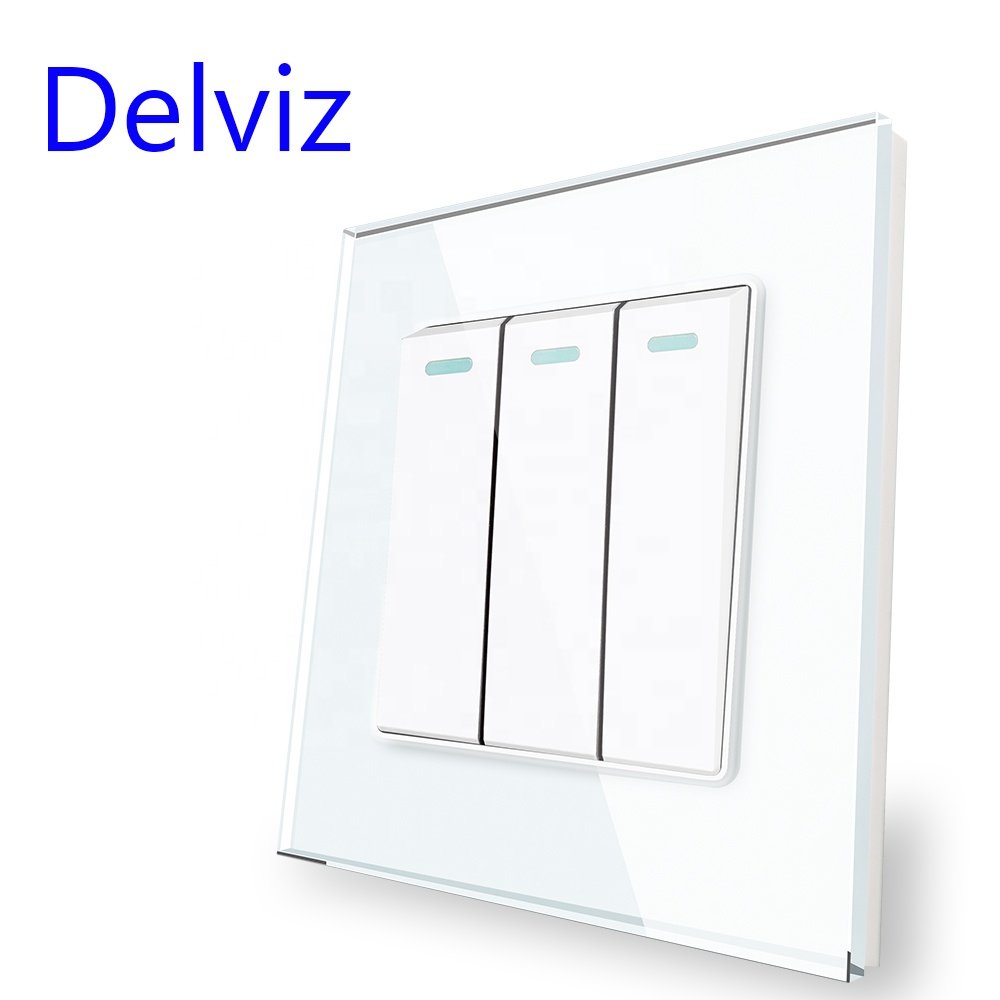 Delviz Toughened Crystal Switch Panel, AC 110V~250V Square 16A Power Controller,Glass 3 Gang 2 Way Push Button Wall Light Switch