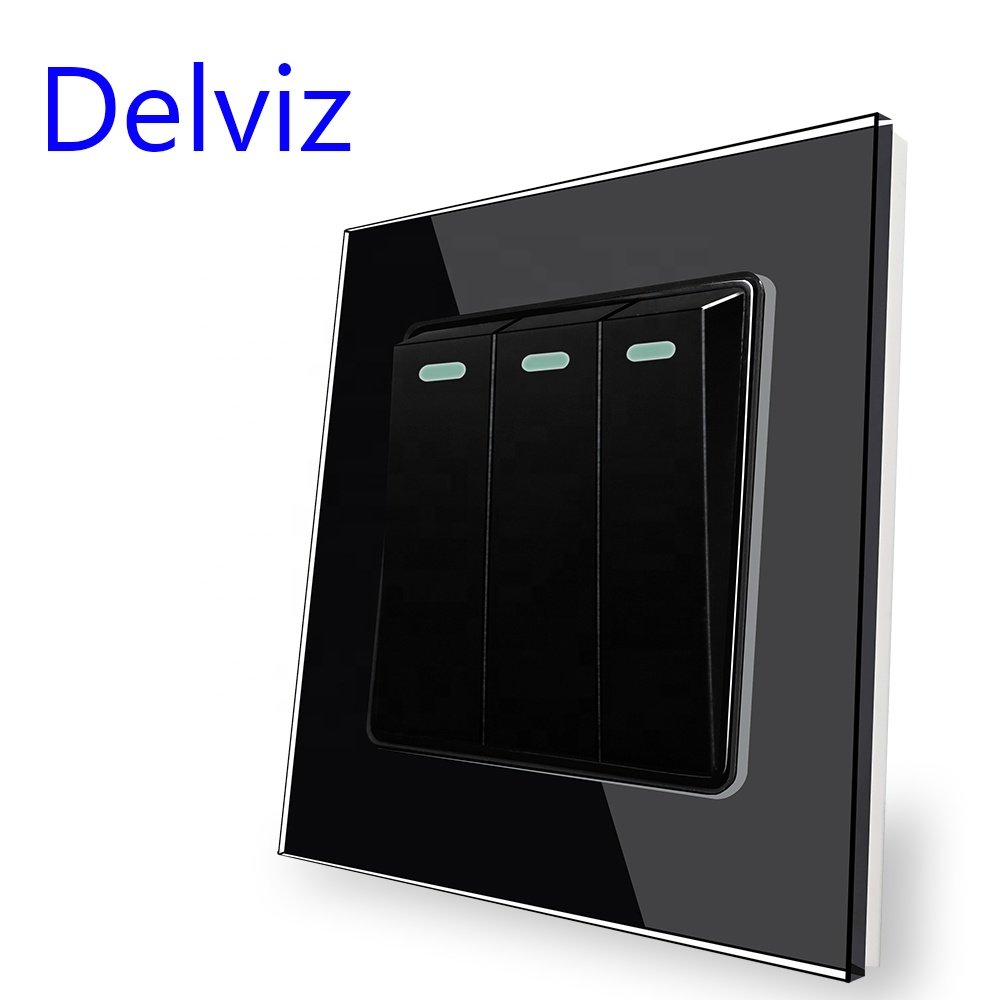 Delviz Toughened Crystal Switch Panel, AC 110V~250V Square 16A Power Controller,Glass 3 Gang 2 Way Push Button Wall Light Switch