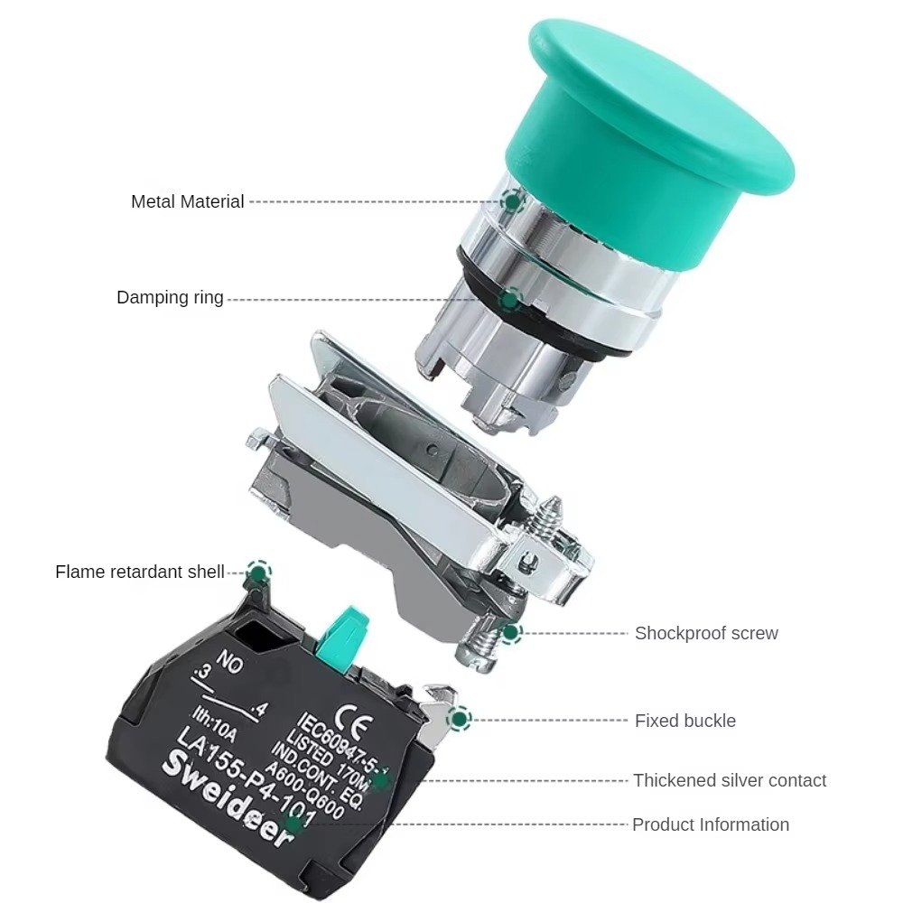 22mm Emergency Stop Momentary Latching Push Switches Metal Mushroom Key Rotate Push Button Power Start Switch Waterproof