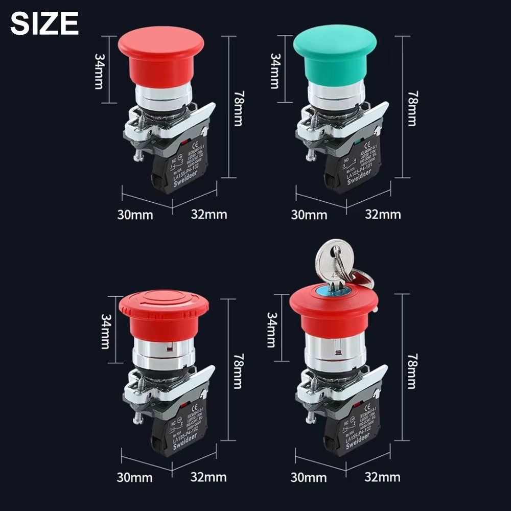 22mm Emergency Stop Momentary Latching Push Switches Metal Mushroom Key Rotate Push Button Power Start Switch Waterproof