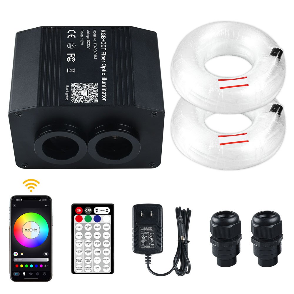 16W RGB+CCT 12V Car Multi Color Twinkle Motor Fiber Optic Star Light Kit RF Remote with PMMA 300pcs*2m*0.75mm Fiber Optic Cable