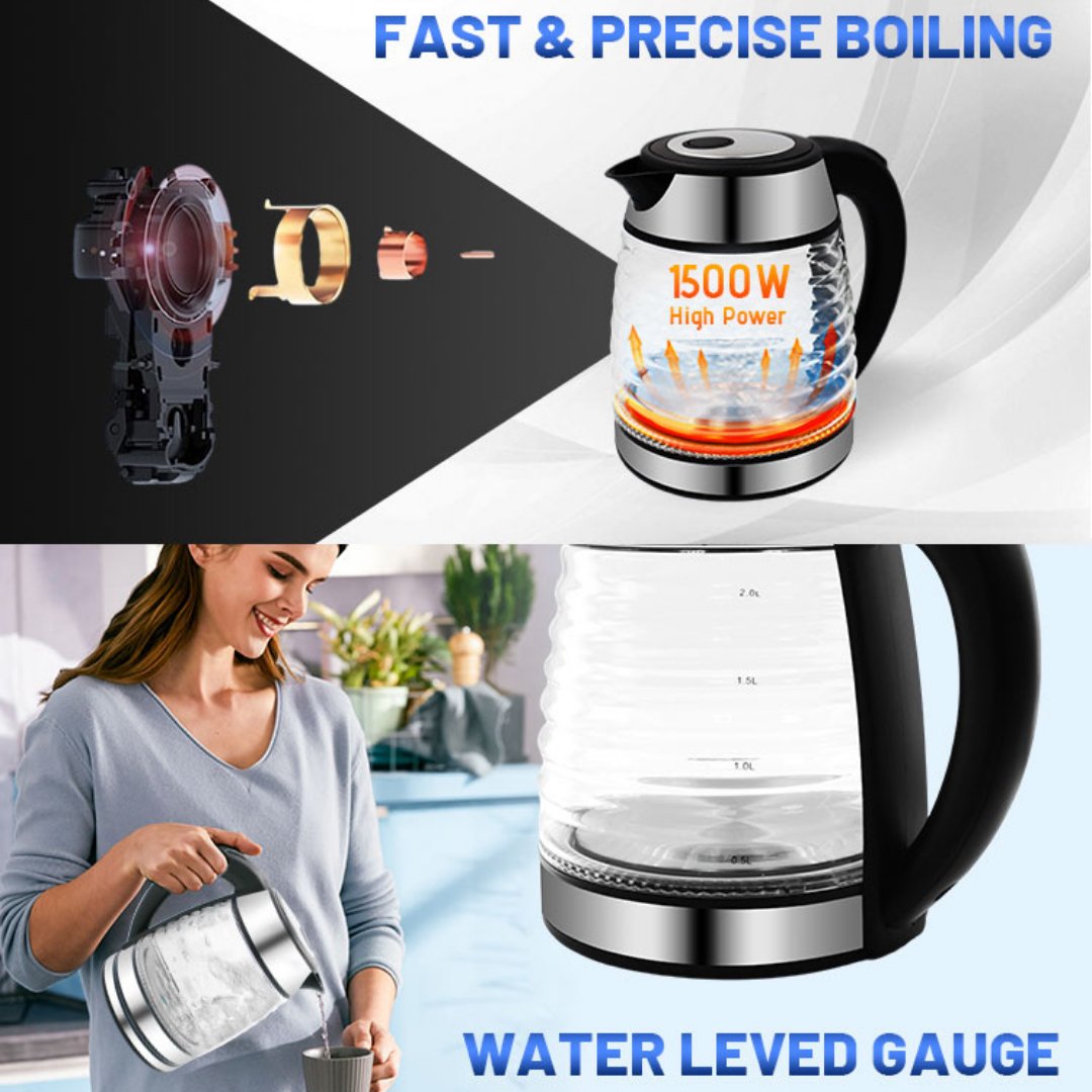Inner Stainless Steel Lid 2.0L Teapot Glass Electrical Tea Pot Kitchen Boil-Dry Protection Electric Kettle With LED Light
