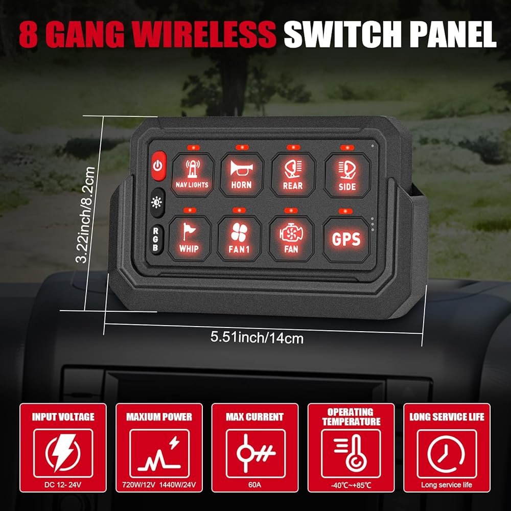 Car Switch Panel Wireless 8 Gang RGB Dimmable Circuit Control Relay System ON-Off Console for Truck Boat RV ATV UTV SUV