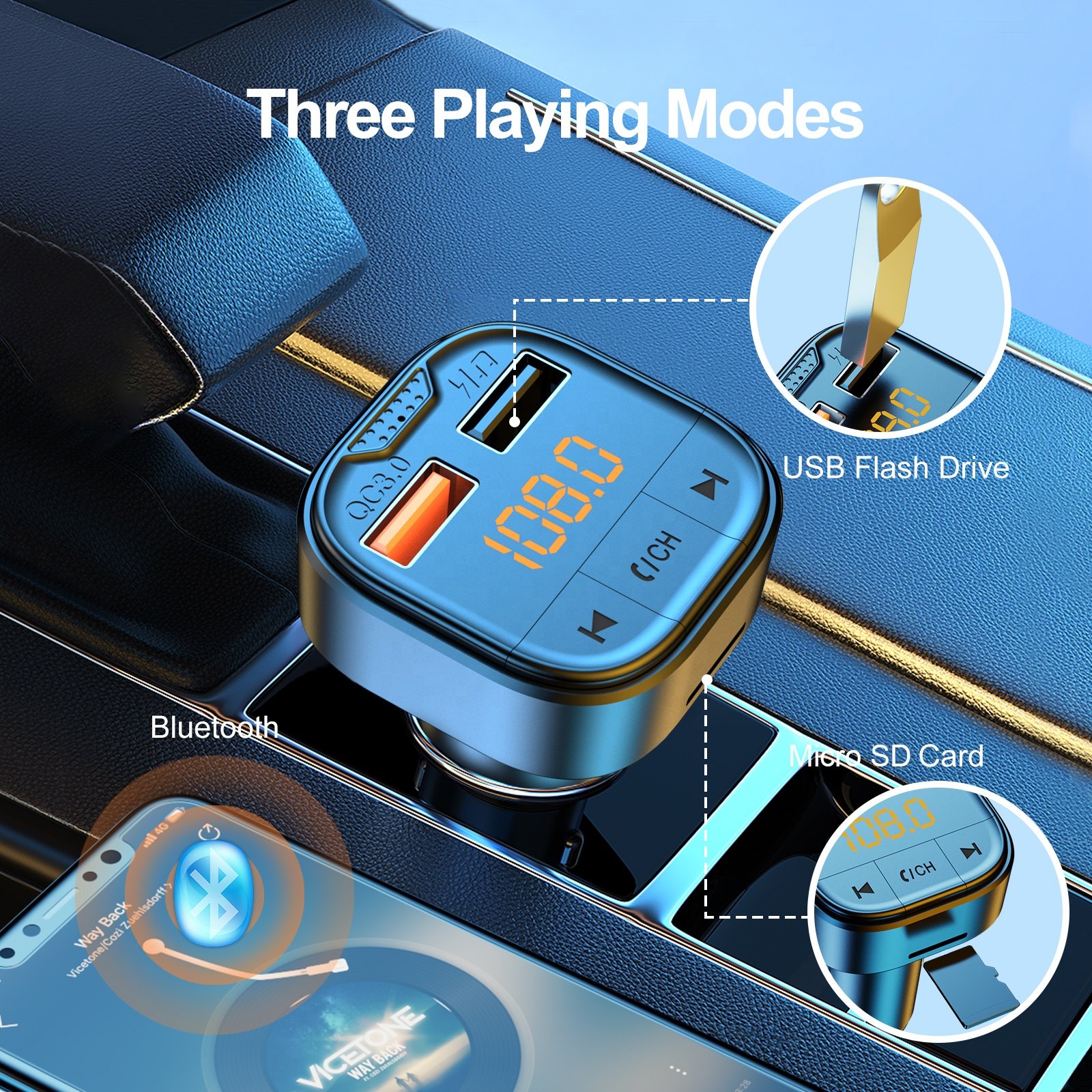 AGETUNR NEW T80 Bluetooth Car Kit Handsfree Stereo FM Transmitter MP3 Player 18W QC3.0 Fast Charge Activate Phone Voice Control