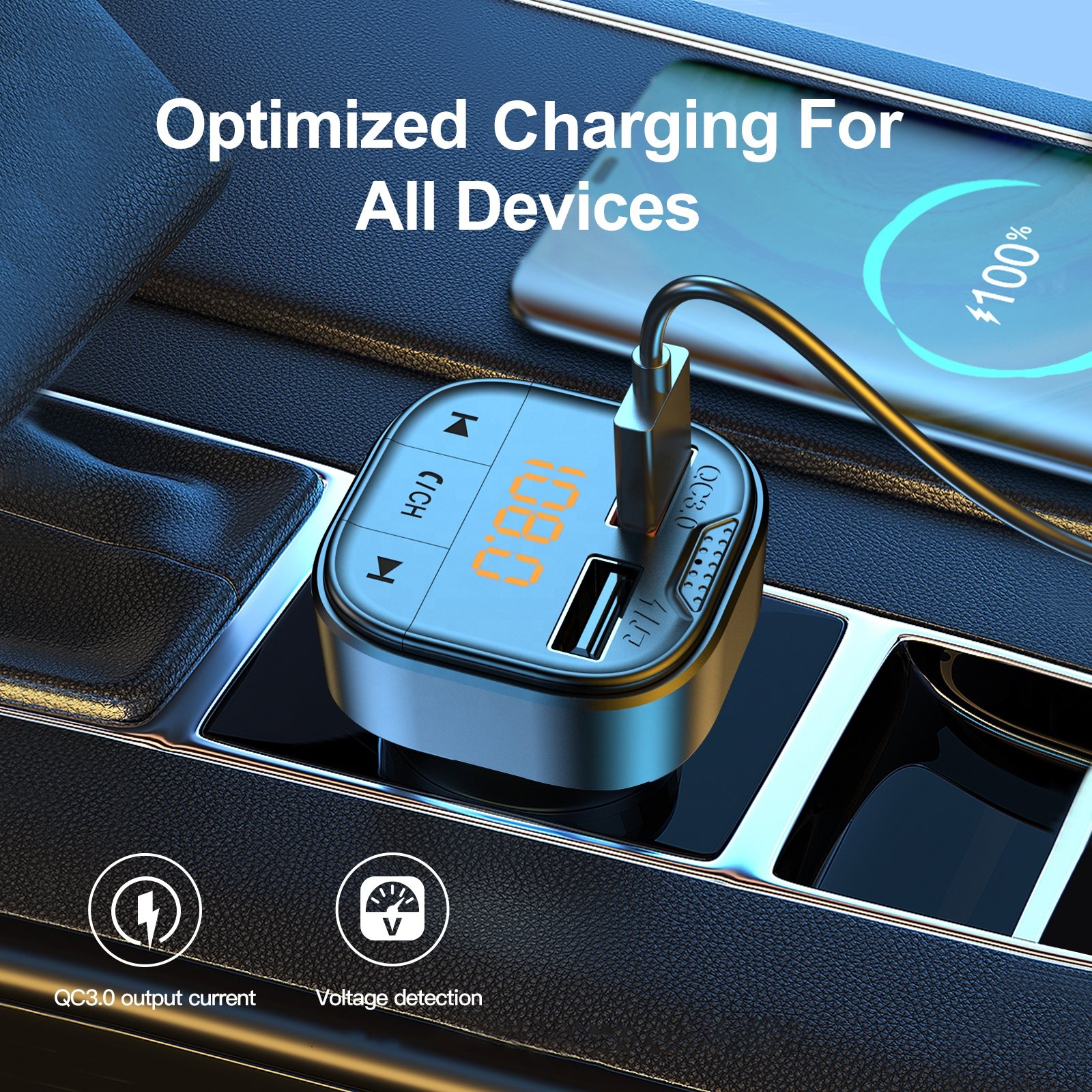 AGETUNR NEW T80 Bluetooth Car Kit Handsfree Stereo FM Transmitter MP3 Player 18W QC3.0 Fast Charge Activate Phone Voice Control