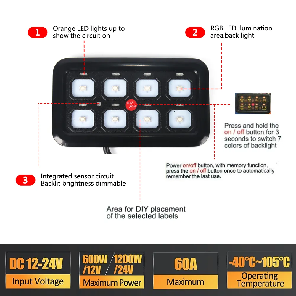 Universal Car 8 Gang Switch Panel BA80 Automatic Dimmable LED Touch Control Panel Box Electronic Relay System for ATV UTV SUV