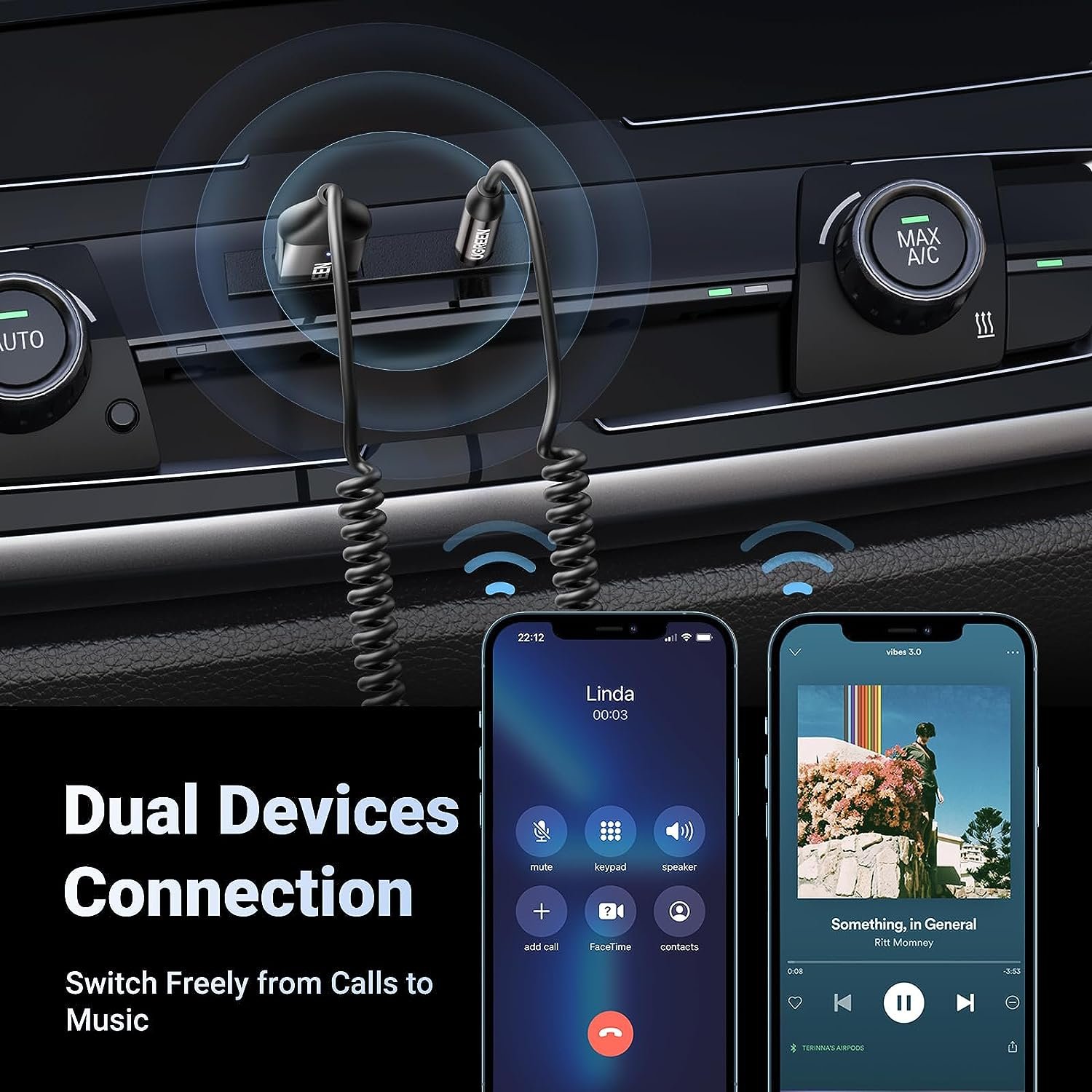 UGREEN Bluetooth 5.3 Adapter Receiver Hands-Free Car Kits AUX Audio 3.5mm Jack Music Wireless Receiver for Car BT Transmitter