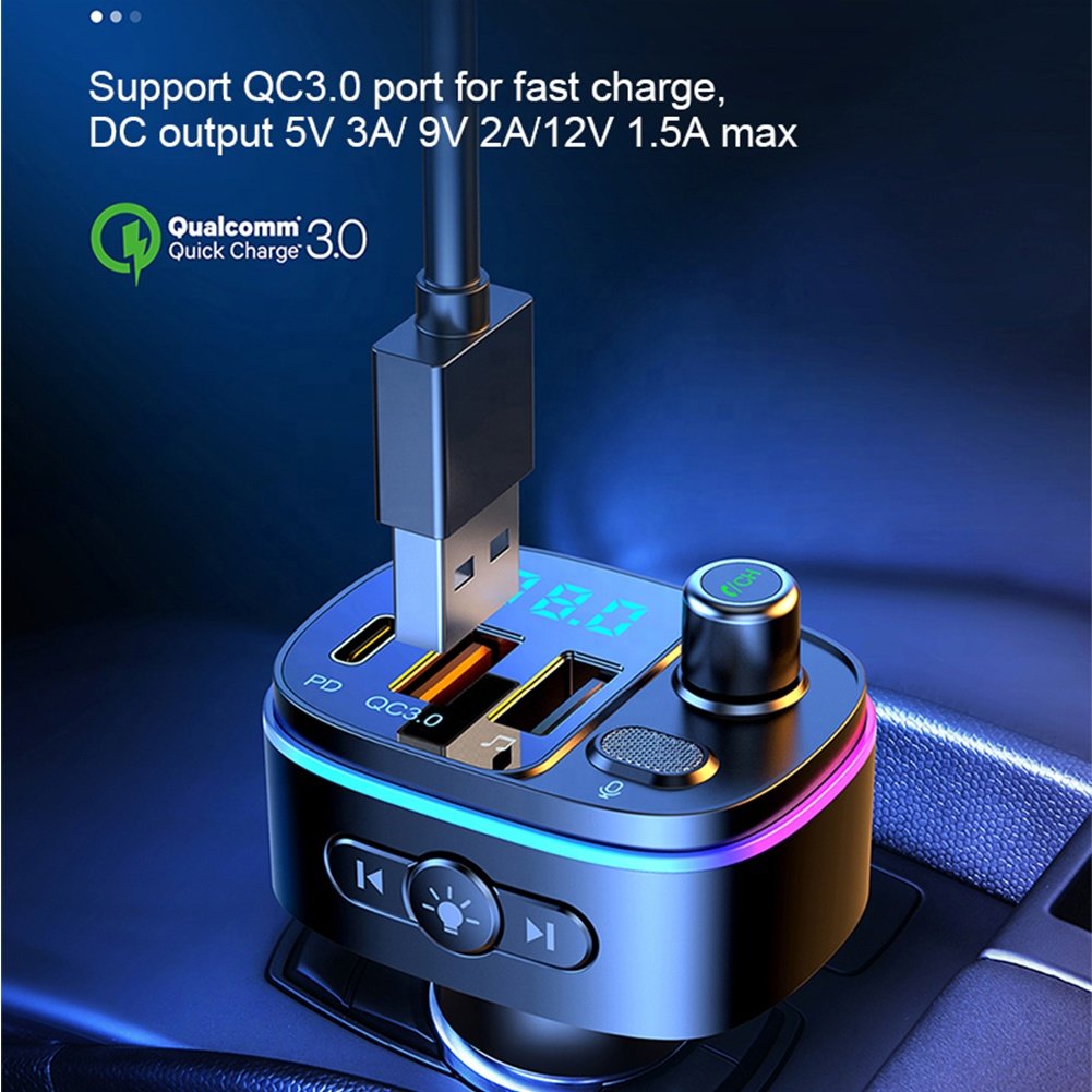 Colorful BT5.0 MP3 Music U Disk PD18W QC3.0 Car Charger Wireless Car Kit FM Transmitter bluetooth Handfree Car Mp3 Player