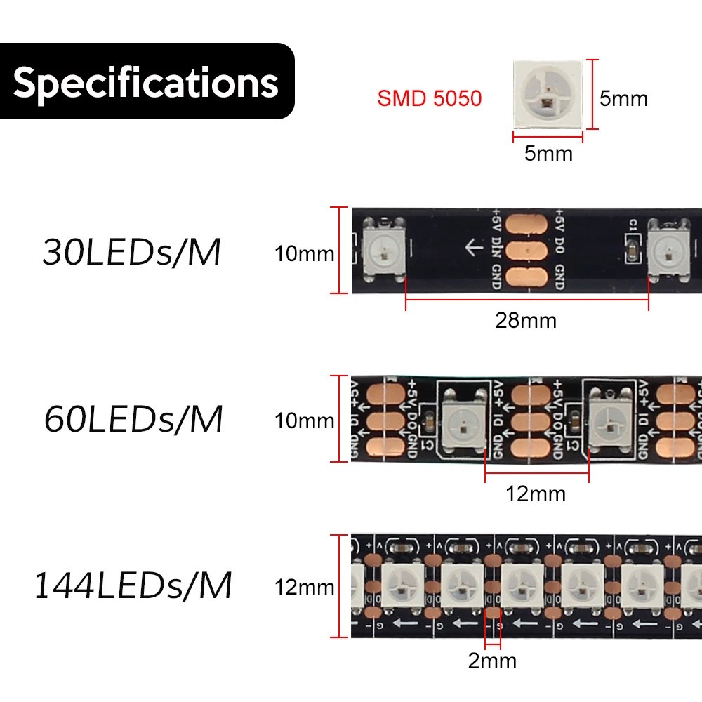 WS2812B LED Strip 5050 RGB 5V 30/60/144LED Pixels Ws2812 IC Addressable Color RGB LED Strip Light IP30 IP65 IP67 Waterproof