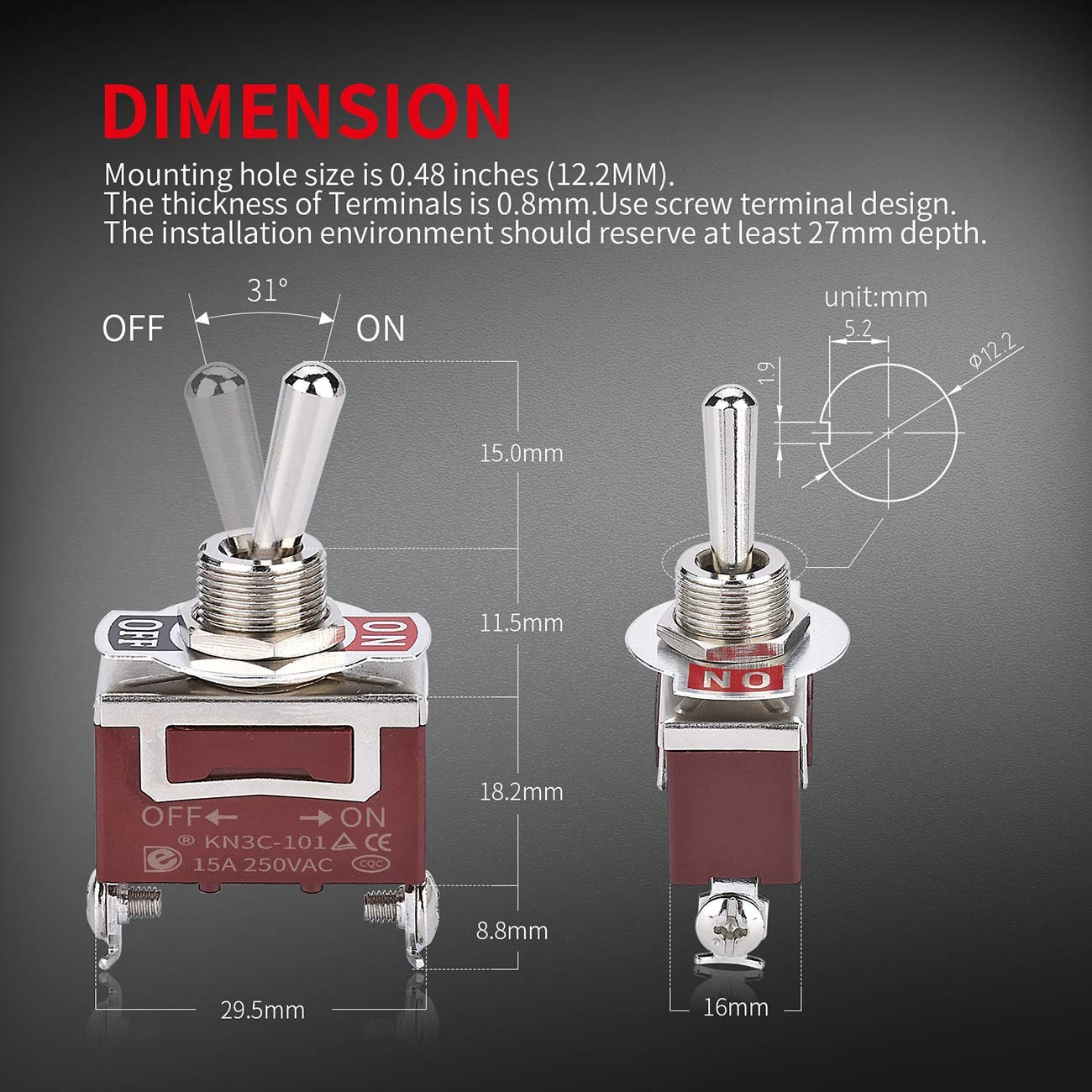 Toggle Switch 12V DC 30A 2 Pin on Off SPST with Weatherproof Boot Cover for Auto Car Marine Boat