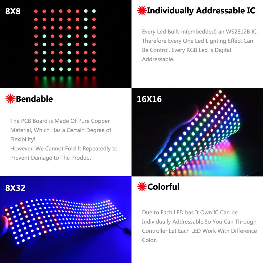 WS2812B RGB LED Digital Flexible Individually Addressable Panel Light WS2812 4X12 8X8 16X16 8X32 Module Matrix Screen 5V