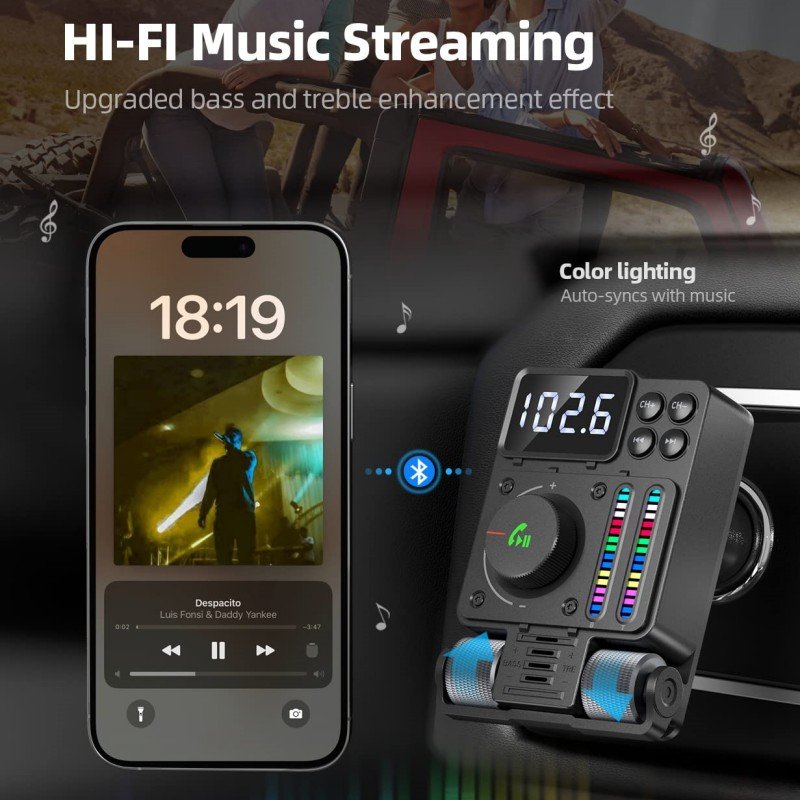 Car FM Transmitter Treble Bass Player with Music Light Bar FM Transmitter for Car