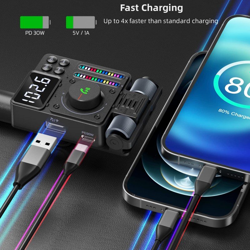 Car FM Transmitter Treble Bass Player with Music Light Bar FM Transmitter for Car