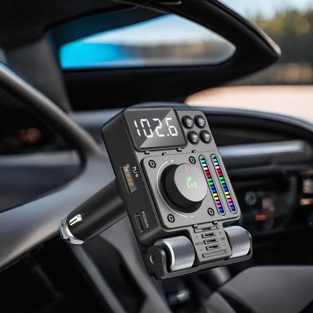 Car FM Transmitter Treble Bass Player with Music Light Bar FM Transmitter for Car