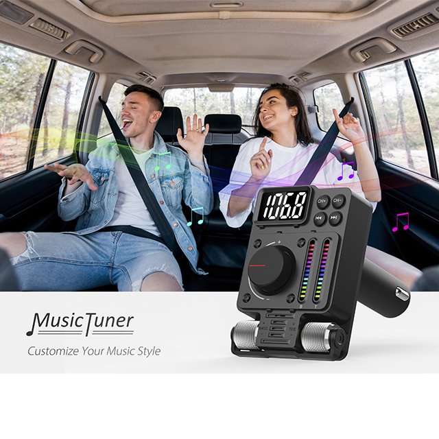Car FM Transmitter Treble Bass Player with Music Light Bar FM Transmitter for Car