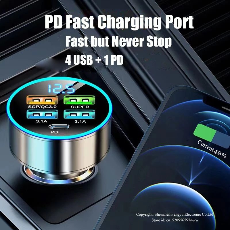 New Arrivals Car Charger with LED Digital Display 33W 5 in 1 Quick Adapter 4 USB Port Type C PD Car Charging Station Charger