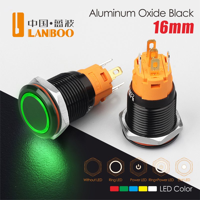 16mm Aluminum Oxide Black Push Button Switch Self-locking and Self-reset Optional Voltage 9-24v.220v Optional