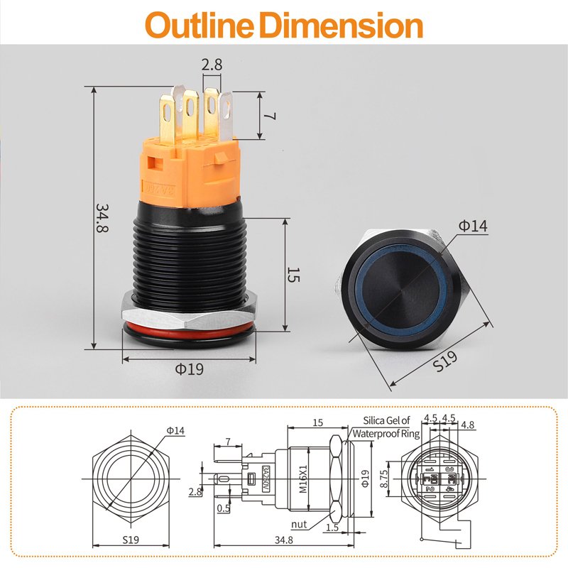 LANBOO 16mm 19mm Metal Push Button Switch Momentary and Latching Optional 9-24v and 220v Optional with LED