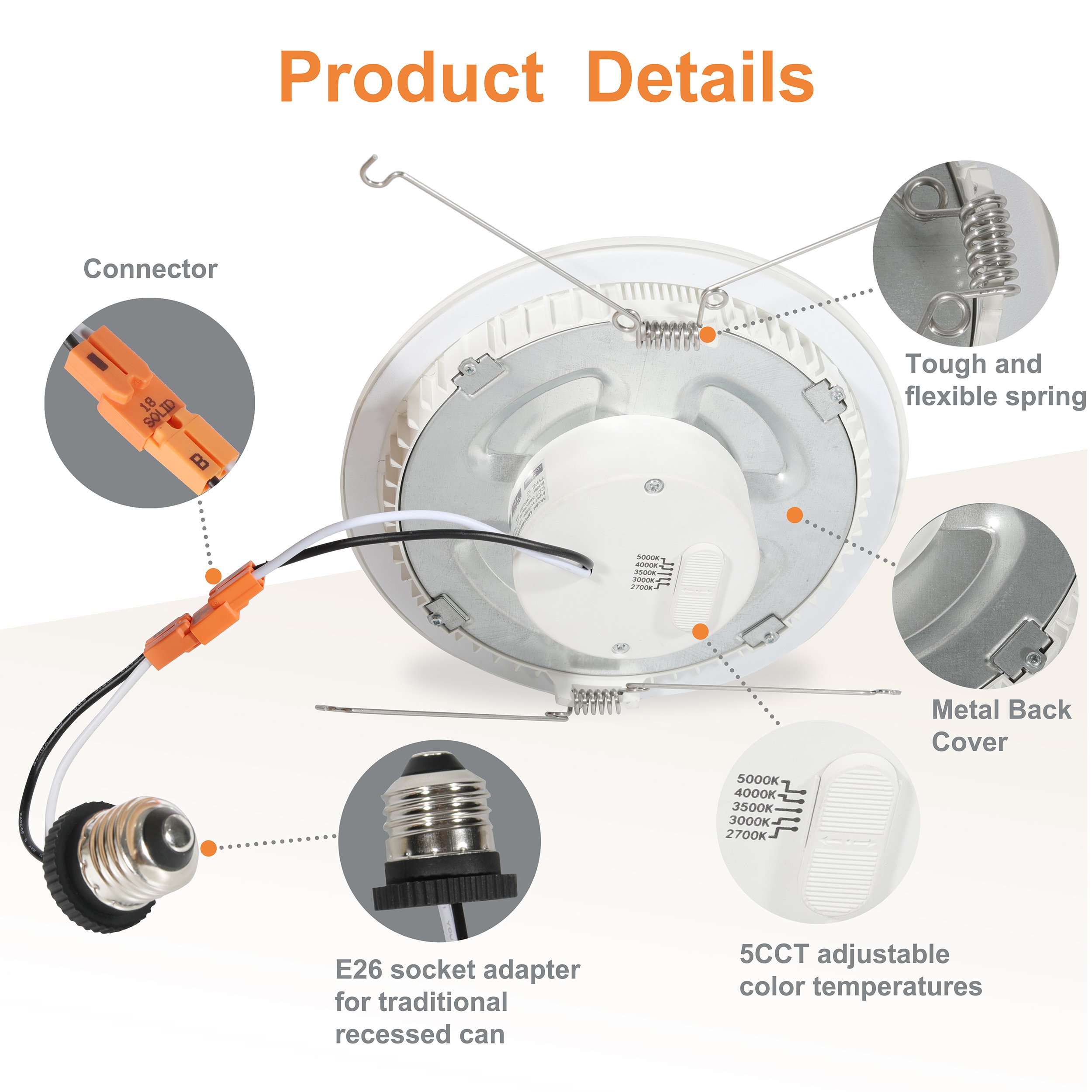 Smooth 6 Inch Dimmable Recessed Can Lights TP24 E26 Connectors Retrofit LED Downlight for Ceiling